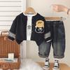 Boy's cartoon sweater cardigan set, Baby's spring and autumn wear long sleeves, Stylish jeans, Fashionable three piece set