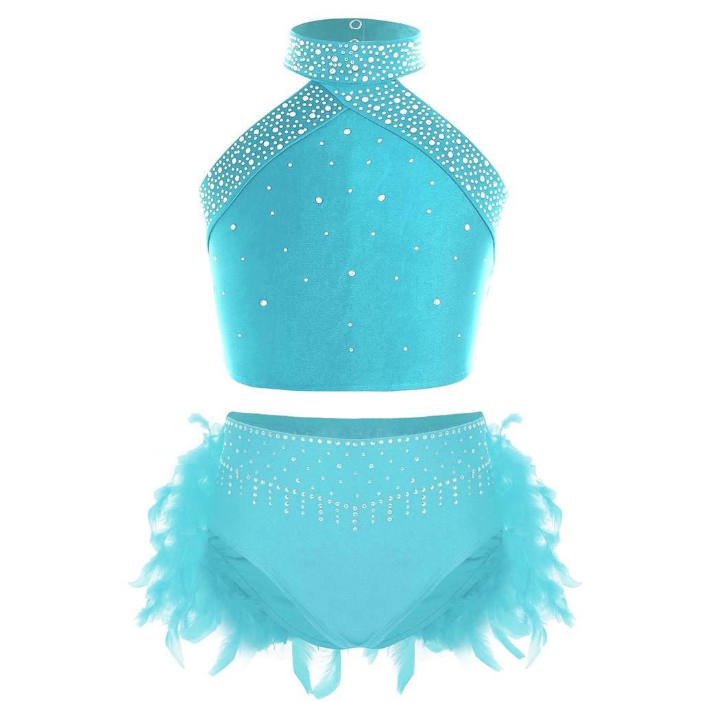 Girls Dance Performance Outfit Halter Neck Sleeveless Backless Vest with Sparkly Rhinestones Feather Briefs