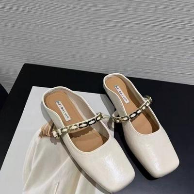 Fashion Spring New Flat Shoes Women's Fashion Square Head Shallow Mouth Metal Chain Soft Sole Anti-slip Wear-resistant Slippers