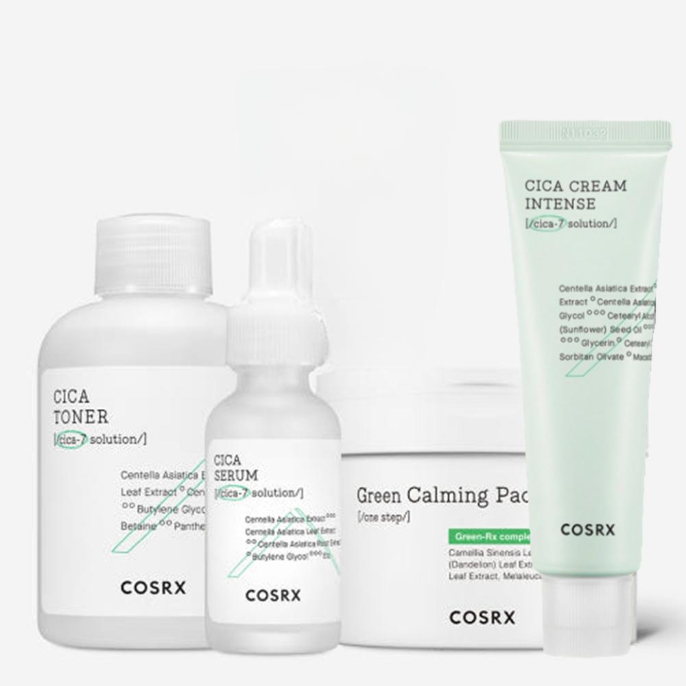 

COSRX Pure Fit Cica Soothing 4pcs Set (Toner 150ml + Serum 30ml + Intense Cream 50ml + One Step Green Calming Pads 140ml 70 Sheets) 1Set