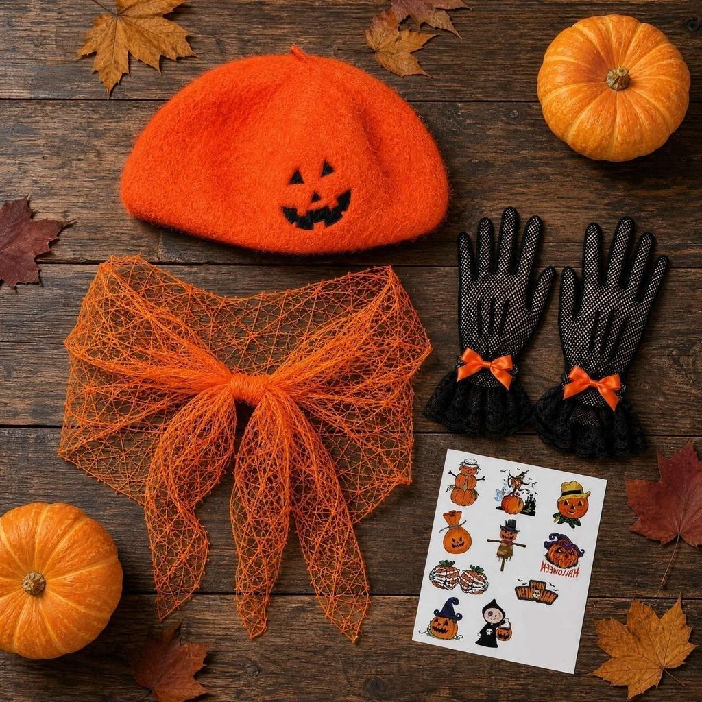 Halloween Pumpkin Themed Costume Set with Hat, Cape, Gloves and Stickers