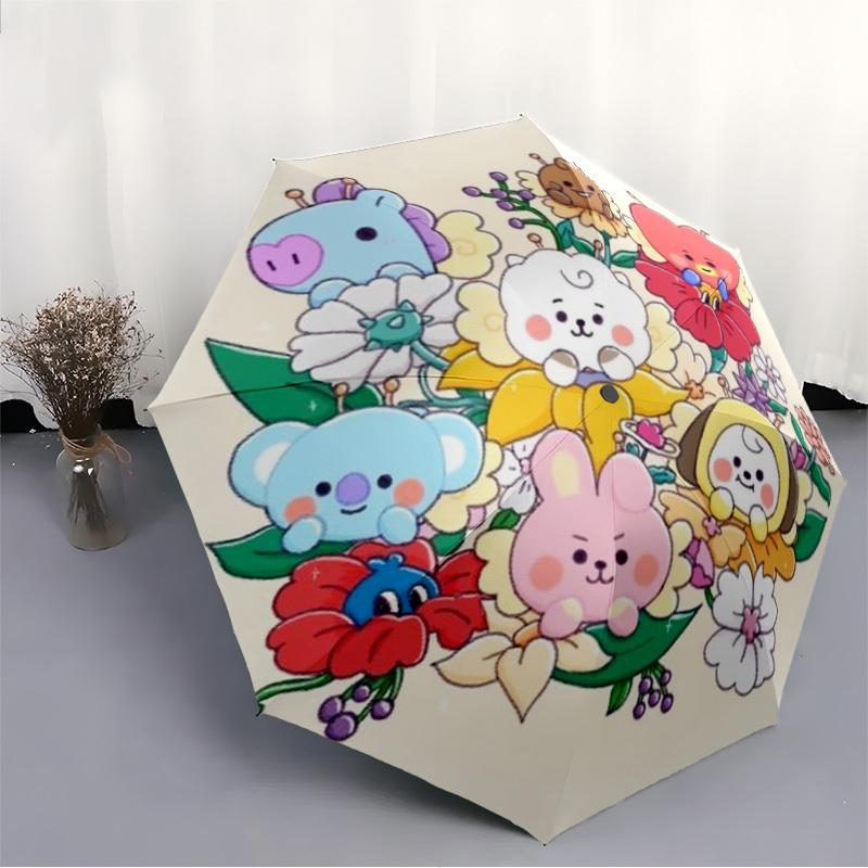 1pc BT21 Characters Automatic Umbrella with 8-Rib Compact Design, Foldable & Portable for Outdoor Leisure, Everyday Use - Ideal Gift for Friends and F