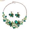 Retro Pastoral Cross Necklace and Earring Set with Flower Pendant and Colored Gemstones