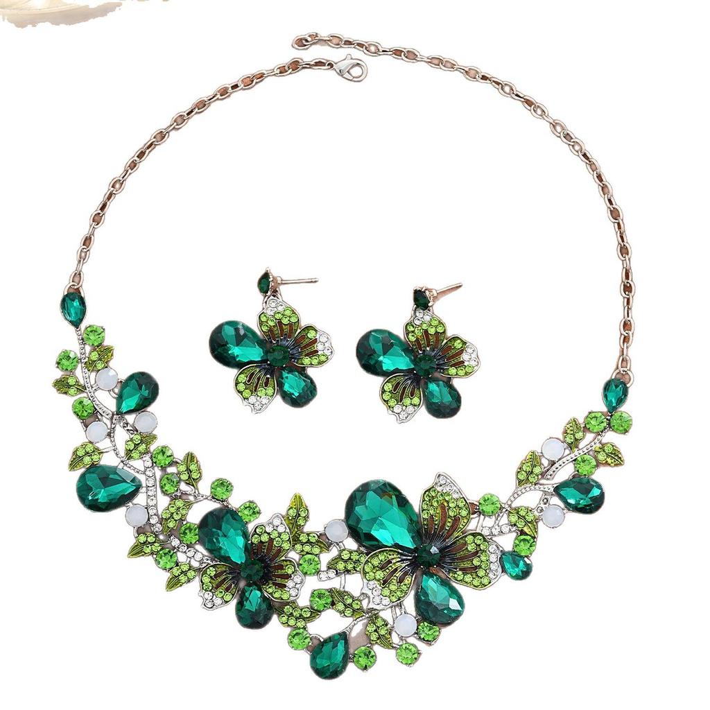 Retro Pastoral Cross Necklace and Earring Set with Flower Pendant and Colored Gemstones