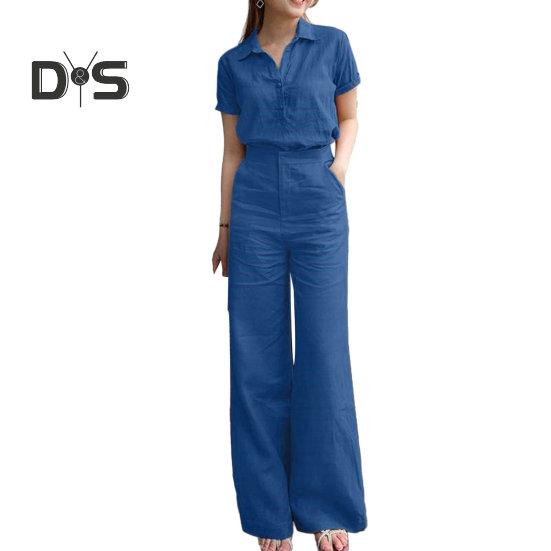 2Pcs/Set Women Pants Shirt Suit Lapel Short Sleeve Single breasted Wide Leg Loose Solid Color Pockets High Waist Lady Top Trousers Set