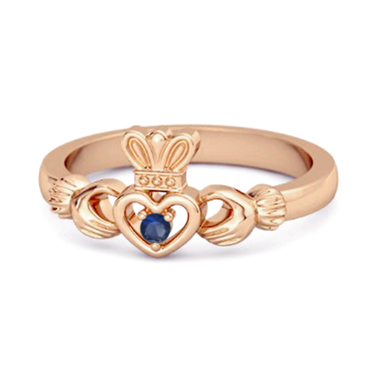 Blue Sapphire Claddagh Ring - 925  Sterling Silver Rose Gold Vermeil 6.5