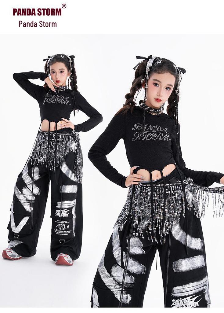 Girls' Sparkly Jazz Dance Long-Sleeve Outfit: Fashionable Street Dance T-shirt & Pants Set