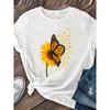 European Size Sunflower and Butterfly Printed T-shirt, Round-neck Short-sleeved T-shirt, Fashionable Style, Patterned Printed Round-neck T-shirt