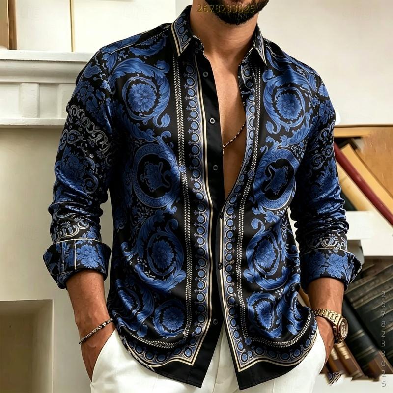Men's Shirt Baroque Black Gold Printed Long Sleeved Shirt Slim Fit Collar Lining Casual Men's Clothing Comfortable Fabric