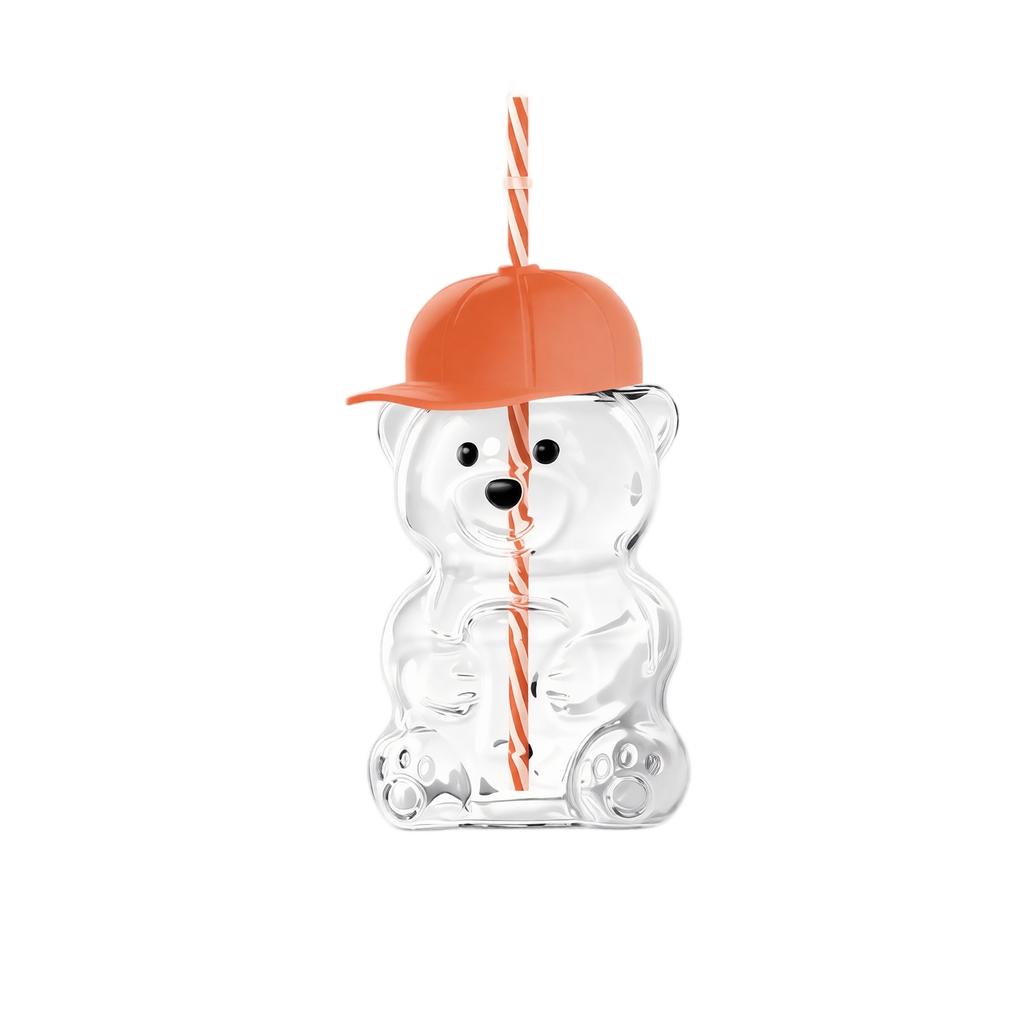 Bear Shaped Drinking Glass with Baseball Cap Lid and Reusable Straw BPA Free Plastic Cup for Kids and Adults Novelty Beverage Container