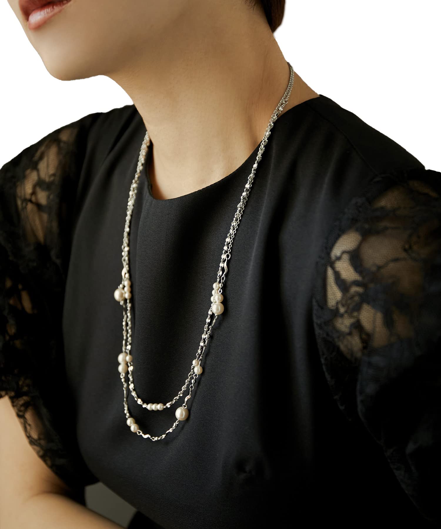 

[niana] Women s Pearl Necklace with Rhinestones - Perfect for Weddings and Special Occasions - Small Pearl Double Strand Necklace - Long Pearl