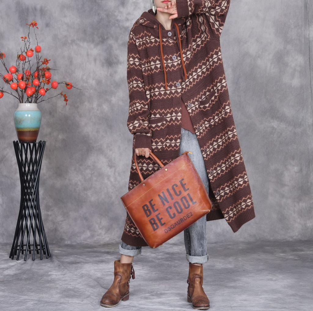 Johnature Vintage Style Contrast Stripe Hooded Casual Knit Coat Woman Autumn Fashion Long Sleeves Chinese Style Coat