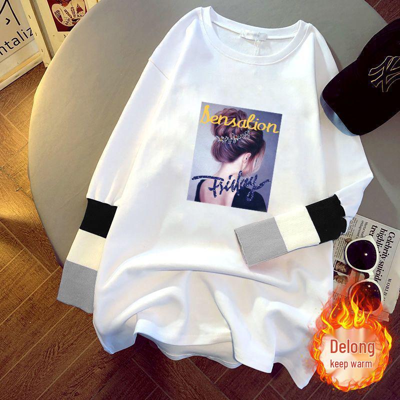 

Pure Cotton Fleece-lined Korean Style Long Sleeve Knitted T-shirt 2XL (recommended 140-165 lbs)