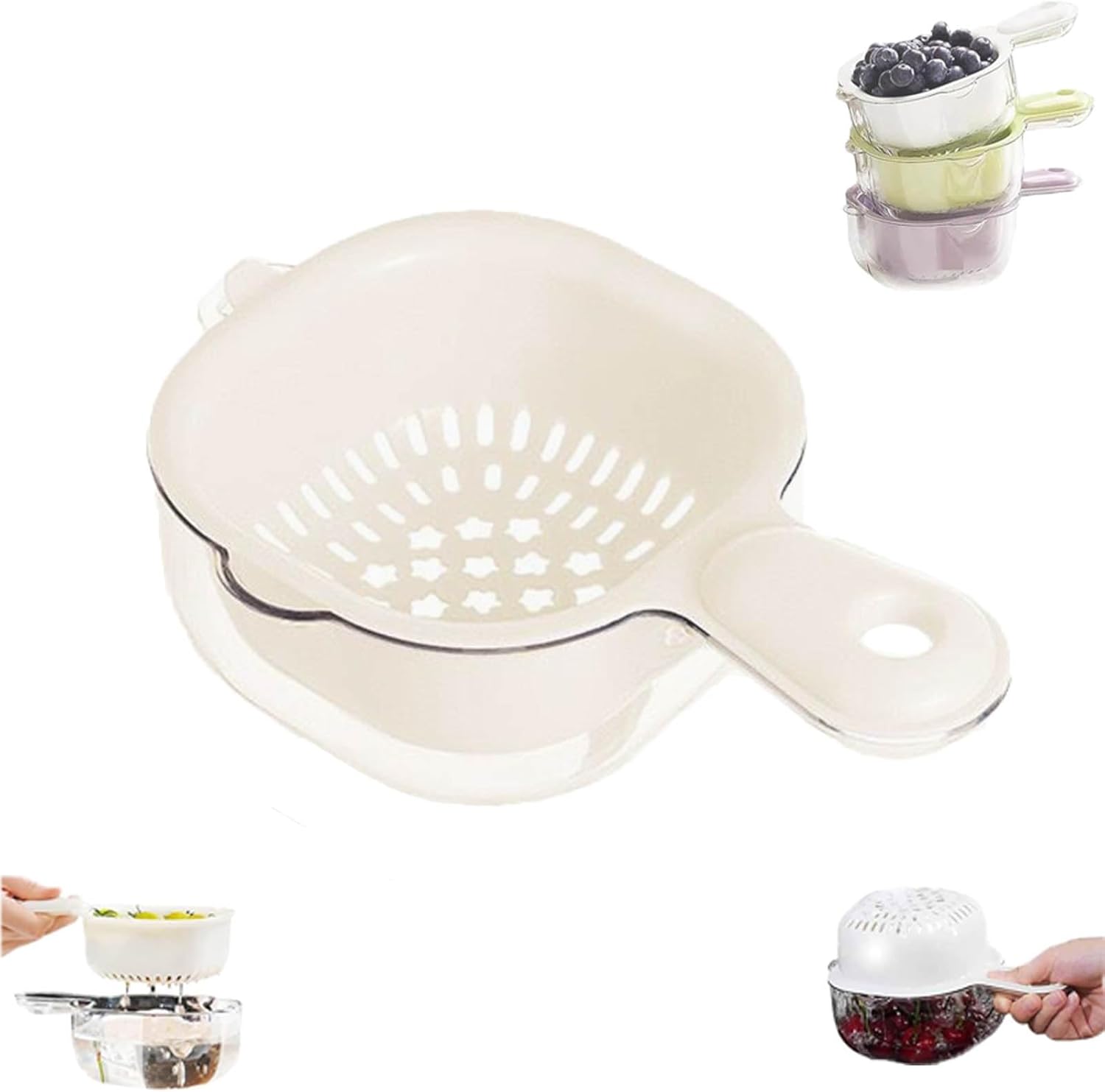

Fruit Strainer Food Draining Basket 2 in 1 Rotatable Strainer Colander with Handle for Washing Cleaning Berries Salad Vegetable