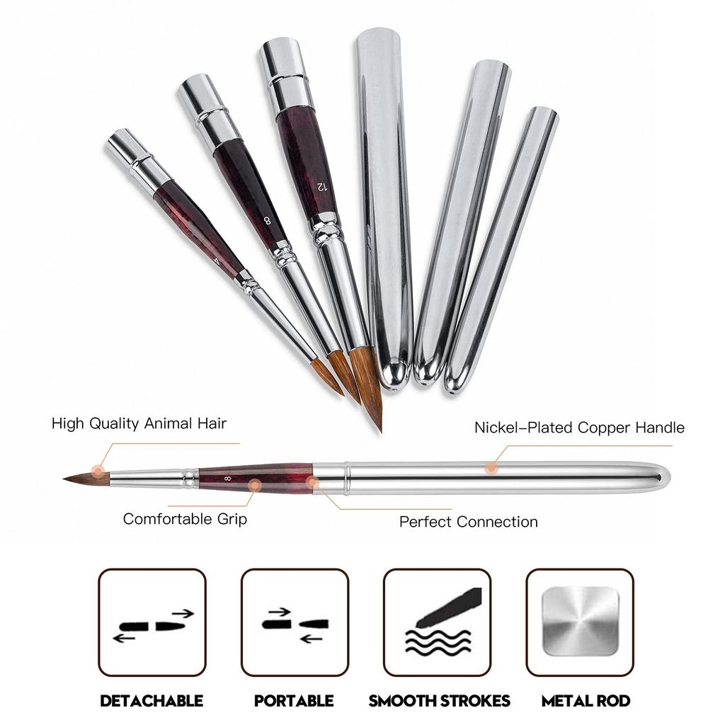 Kolinsky Travel Watercolor Brushes Sable Hair Round Watercolor Paint Brushes Set of 3 Portable Compact Artist Brushes with Pocket Protective Case for