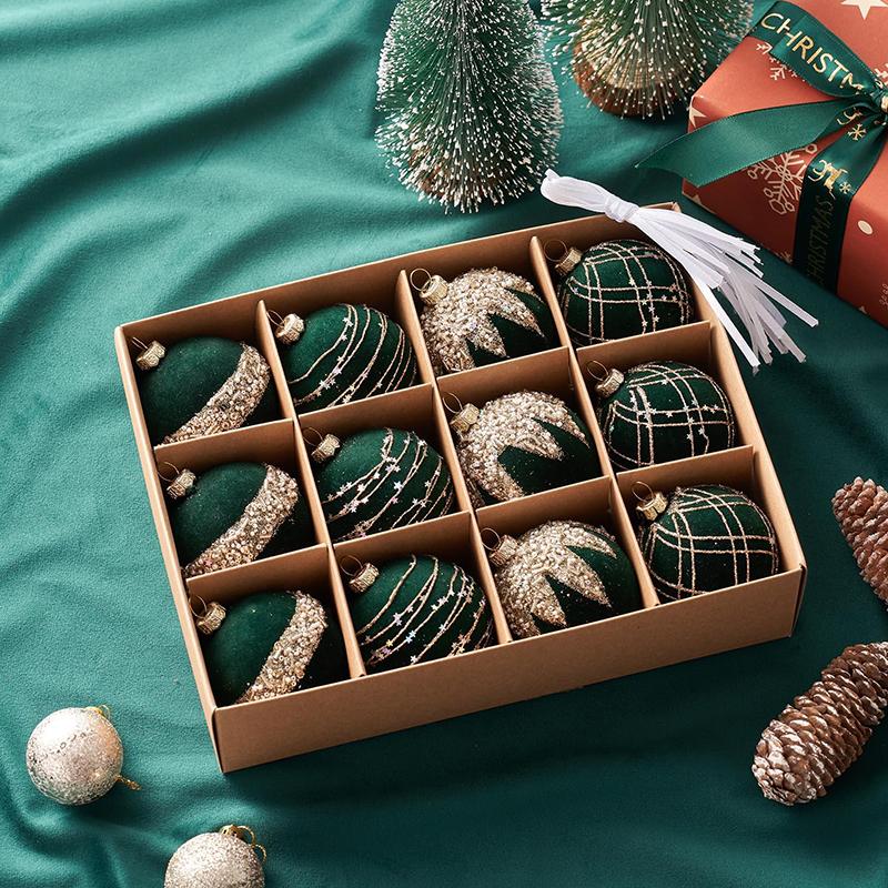 12 Glitter Velvet Christmas Ornaments 2.36" Shatterproof Plush Decor Hanging Tree Accessories for Windows Walls Porch Fireplaces
