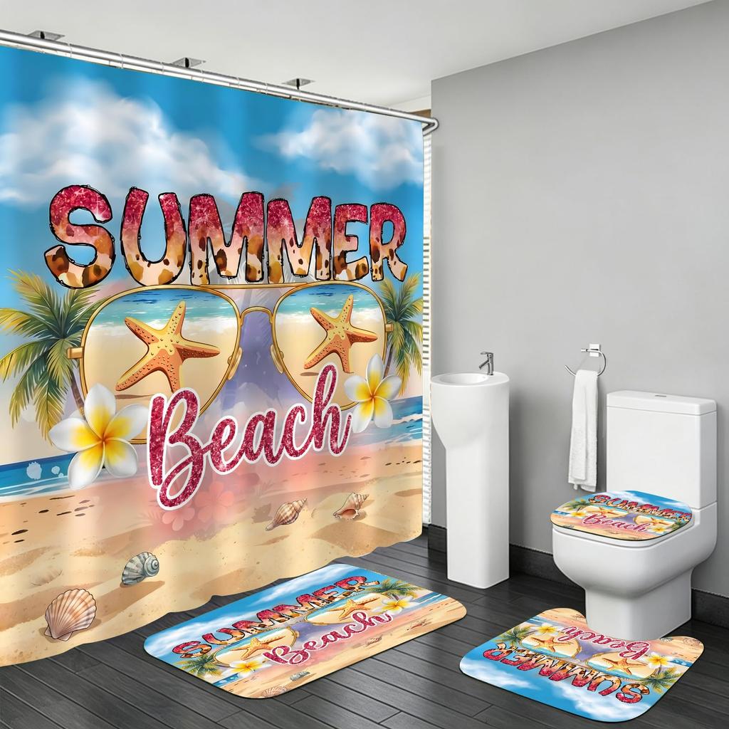 4Pcs Shower Curtain Set with Non-Slip Bath Mat, Toilet Lid Cover, Contour Rug & 12 Hooks, Bathroom