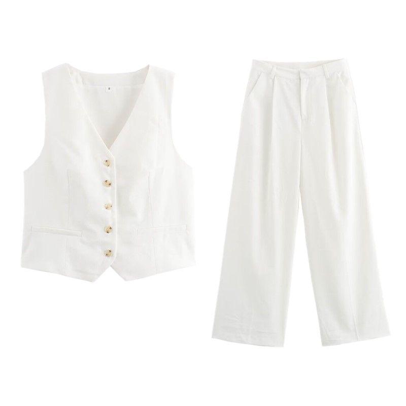 Fashion Style Autumn New Women's Clothing Linen Blend Sleeveless V-neck Vest High Waist Pants 2010765