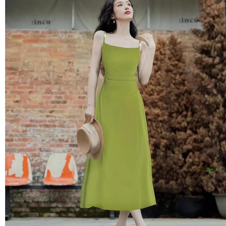 Summer French Avocado Green Suspender Dress Super Fairy Seaside Vacation Beach Long Skirt Chic and Beautiful