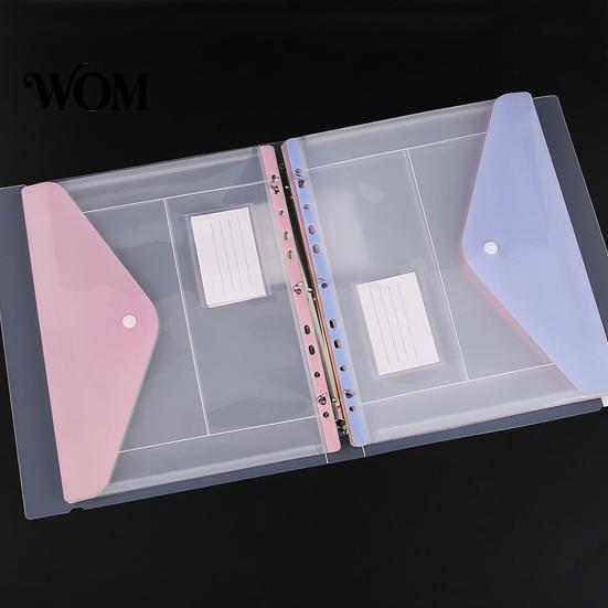 File Pockets 11 Hole Expandable Binder Folders for 2/3/4 Ring Document Pouch, Plastic Envelopes Touch Fastener Bag Pocket with Snap Button &