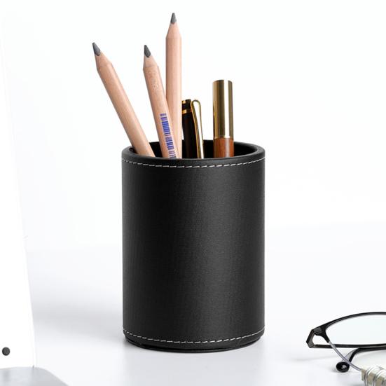 Pen Container Large Capacity Wear Resistant Smooth Edge Simple Style Compact Size Save Space Faux Leather Round Pen Holder Desktop Stationery Storage