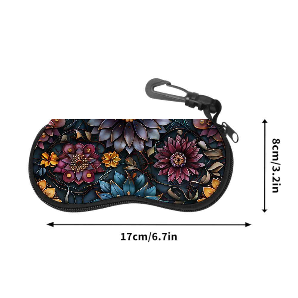 2D-Boho Floral Pattern Protective Eyewear Holder, Vintage Botanical Sunglasses Case, Zipper Eyeglasses Pouch, Lightweight Zipper Travel Accessory for