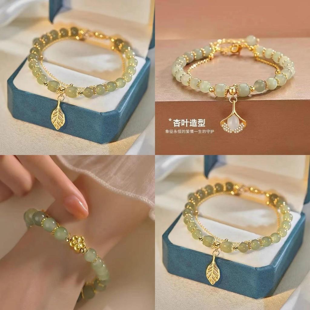 Style Pastoral Exquisite Womens Electroplated Glass Bead Bracelet Leaf