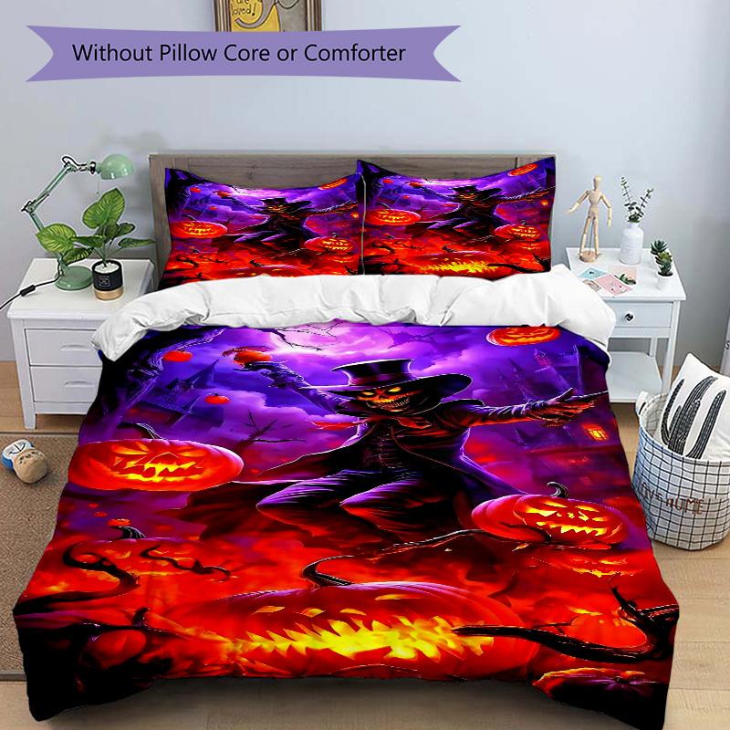 3pcs Halloween Pumpkin Lanterns Duvet Cover Set - Machine Washable, Includes 1 Cover and 2 Pillowcases, No Core Included yy251013020