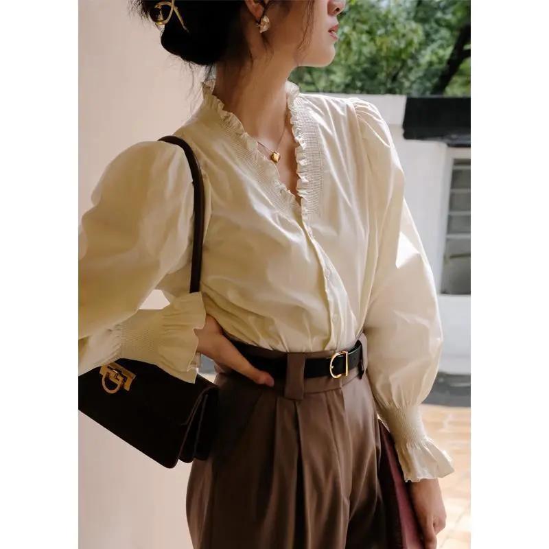 

Women Ruffle Trim Blouse Long Puff Sleeve Solid Color V-Neck Button Front Elegant Casual Top S білий