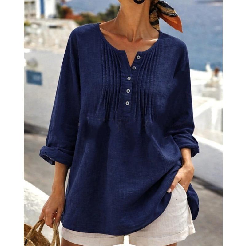 Loose Cotton Linen Long Sleeve Pleated Round Neck Plus Size Women S Shirt