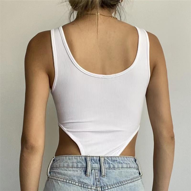 GMXIA Summer Sleeveless Women's Sexy Slim-fit Cotton Pit Strip U-neck Vest High Slit Bodysuit
