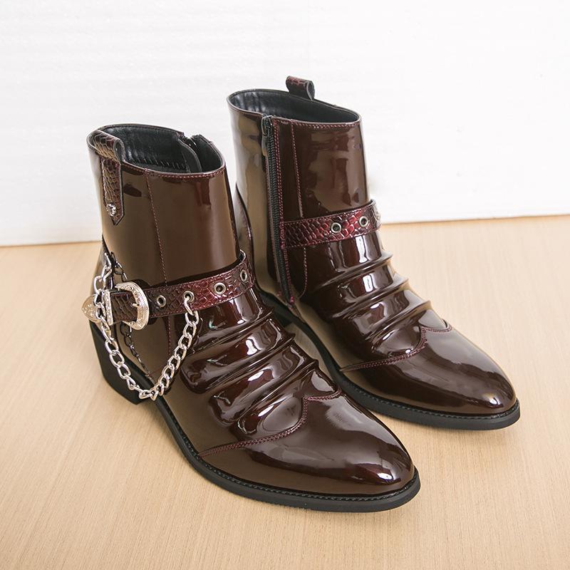 Chelsea Martin Men's High-Top Patent Leather Boots with Pointed Toe, British Style, Zipper, and Height Increasing Feature for Autumn/Winter.