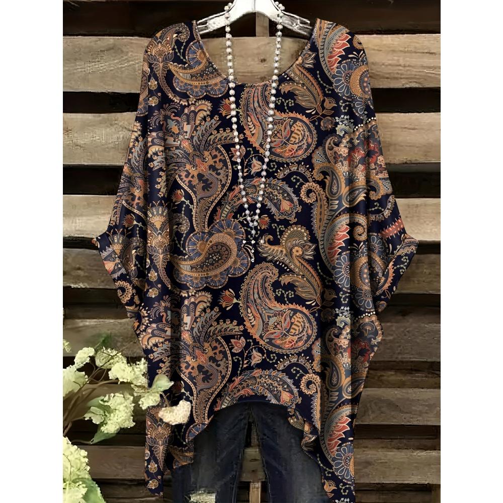 Sommer Damen T-Shirt Ethnischer Stil Gedruckter Frack Rundhalsausschnitt Lässig Bequem Y2k T-Shirt Vintage Damen Kurzarm-T-Shirt