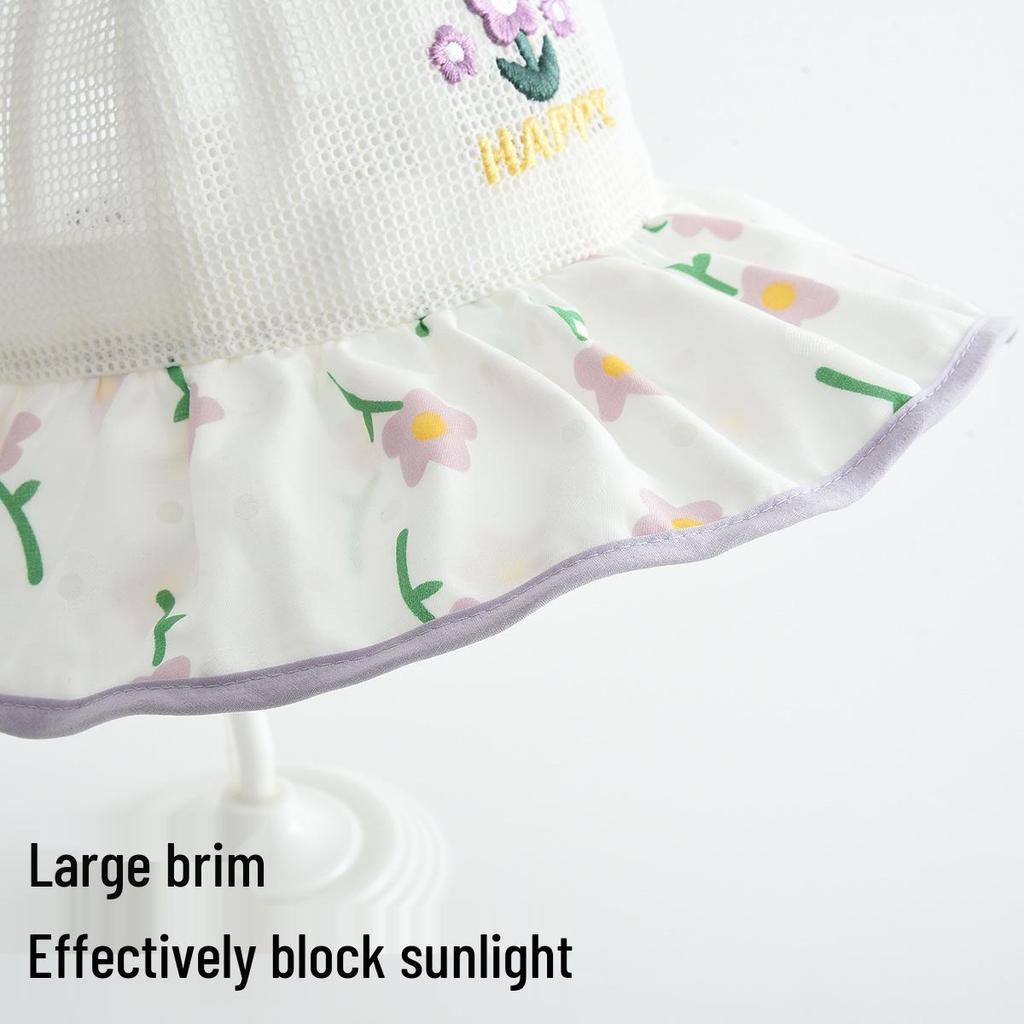 Kids' Embroidered Floral Mesh Bucket Hat - Breathable Outdoor Sun Hat for Students