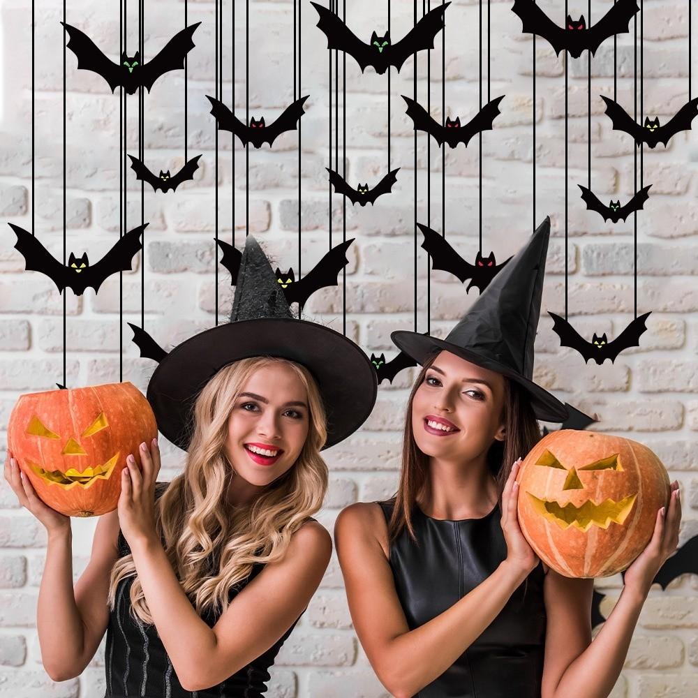 18Pcs Black Halloween Bat Flag with Eyes with Ribbon Simulation Bat Pendant Horror Props Hanging Ornaments Bat Decorations