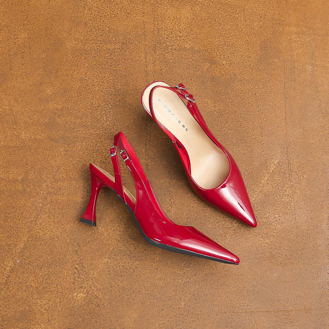 

73222 [овчина] туфли-лодочки на высоком каблуке женские шпильки 2025 новые с сумкой, с открытой пяткой из лакированной кожи с сандалиями 39