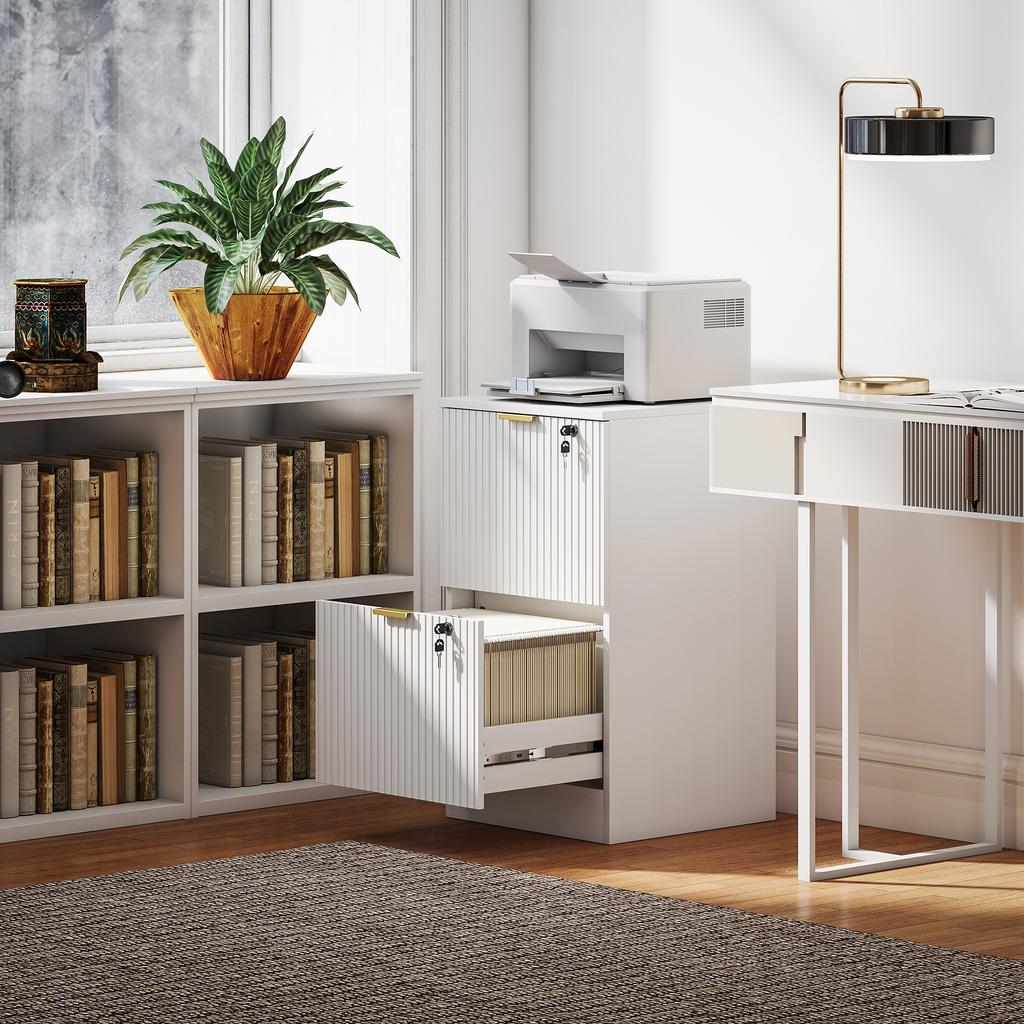 Filing Cabinet, Fluted Vertical File Cabinet with 2 Lockable Drawers and Hanging Rails, White