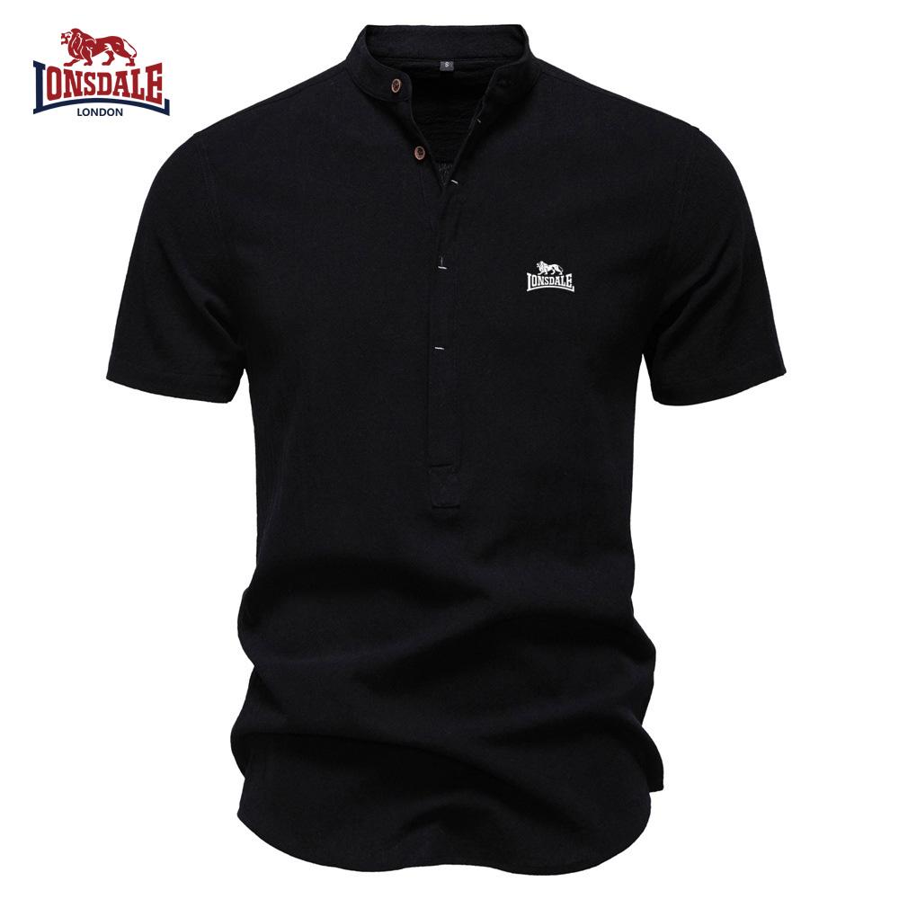 Lonsdale 2026 Summer New Embroidered Business Casual Shirt Men's Short Sleeved Cotton Linen Shirt Stand Collar Cotton Shirt