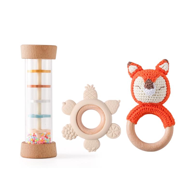 3pcs Rain Stick Rainbow Hourglass Rattle Toys Set BPA Free Silicone Soothing Toys Crochet Animal Wooden Bracelet Teether Toys