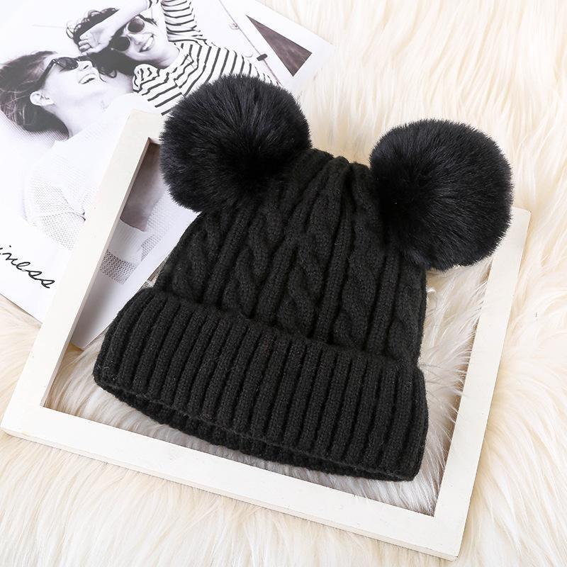Knitted hat children's winter new adult thickened plush double hairball pullover hat warm cute wool hat men