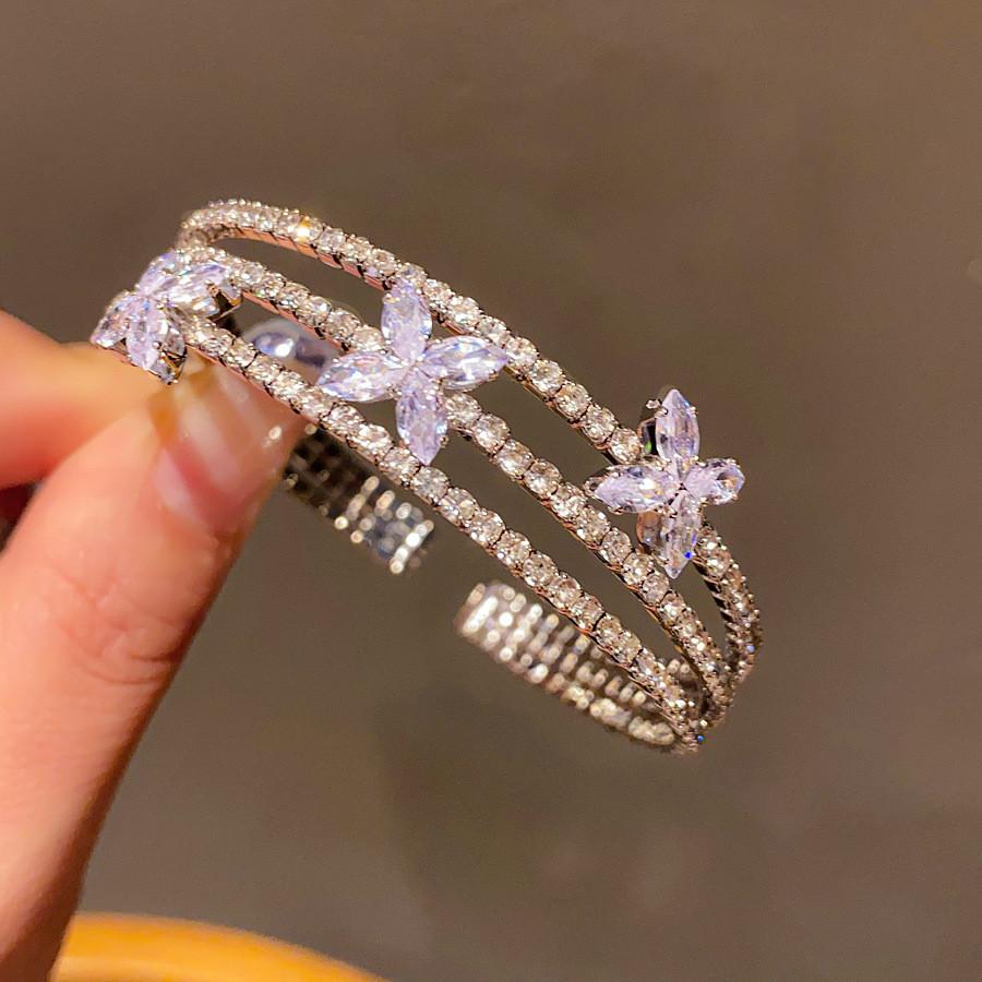 Vintage Copper Encrusted Zircon Flower Cuff Bracelet For Casual Wear