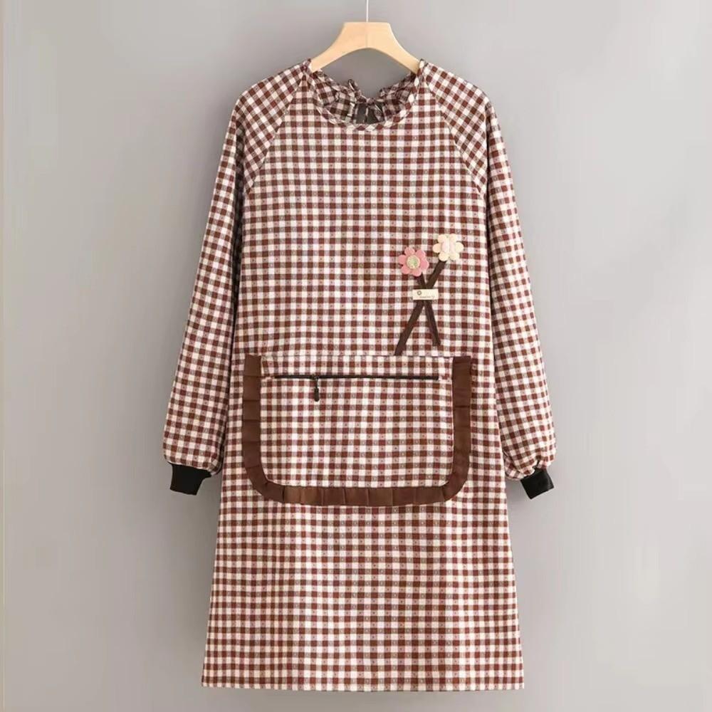Plaid Design Long-sleeved Apron Waterproof Catering Work Clothes Dust-proof Smock Apron Household