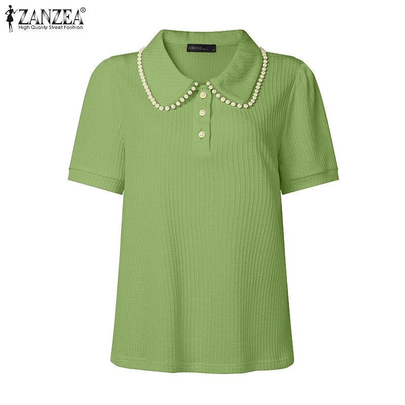 

ZANZEA Women Lapel Neck Short Sleeve Beading Texture Casual Tops Blouse 5XL зелений