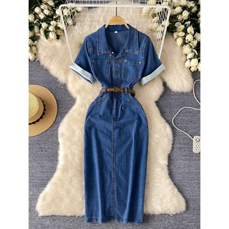 K-style Minimalist Fancy Polo Collar Denim Dress Female Summer Belt Slimming Slit Stylish Temperament Long Dress