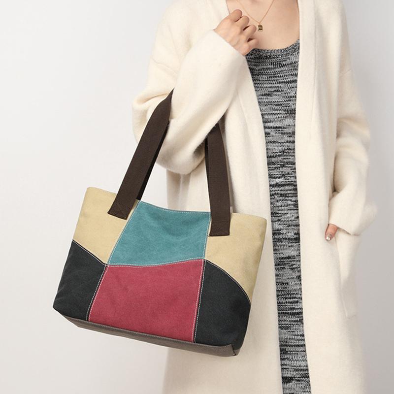 Yogodlns New Spliced Canvas Women's Shoulder Bag Large-capacity Portable Messenger Bag Casual Ethnic Style Contrasting Color Bag