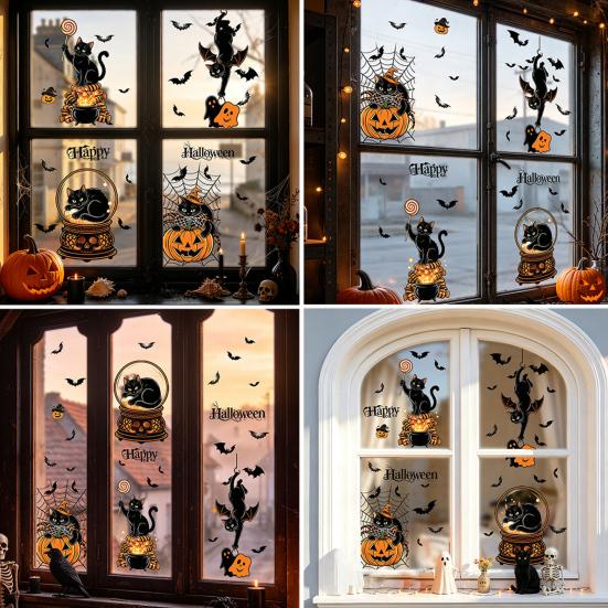 Decorative Glass Decals for Party 4Pcs Halloween Cartoon Window Clings, Pumpkin Ghost Scarecrow Stickers, Waterproof Murals Removable Home