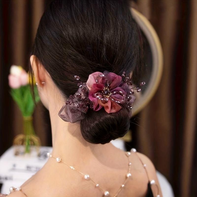 Elegantes Organza-Kristallblumen-Haargummi, Raffinierter Lila- und Brauner Zopfhalter mit Perlendetails, Perfekt für Jahrestage, Besondere Anlässe