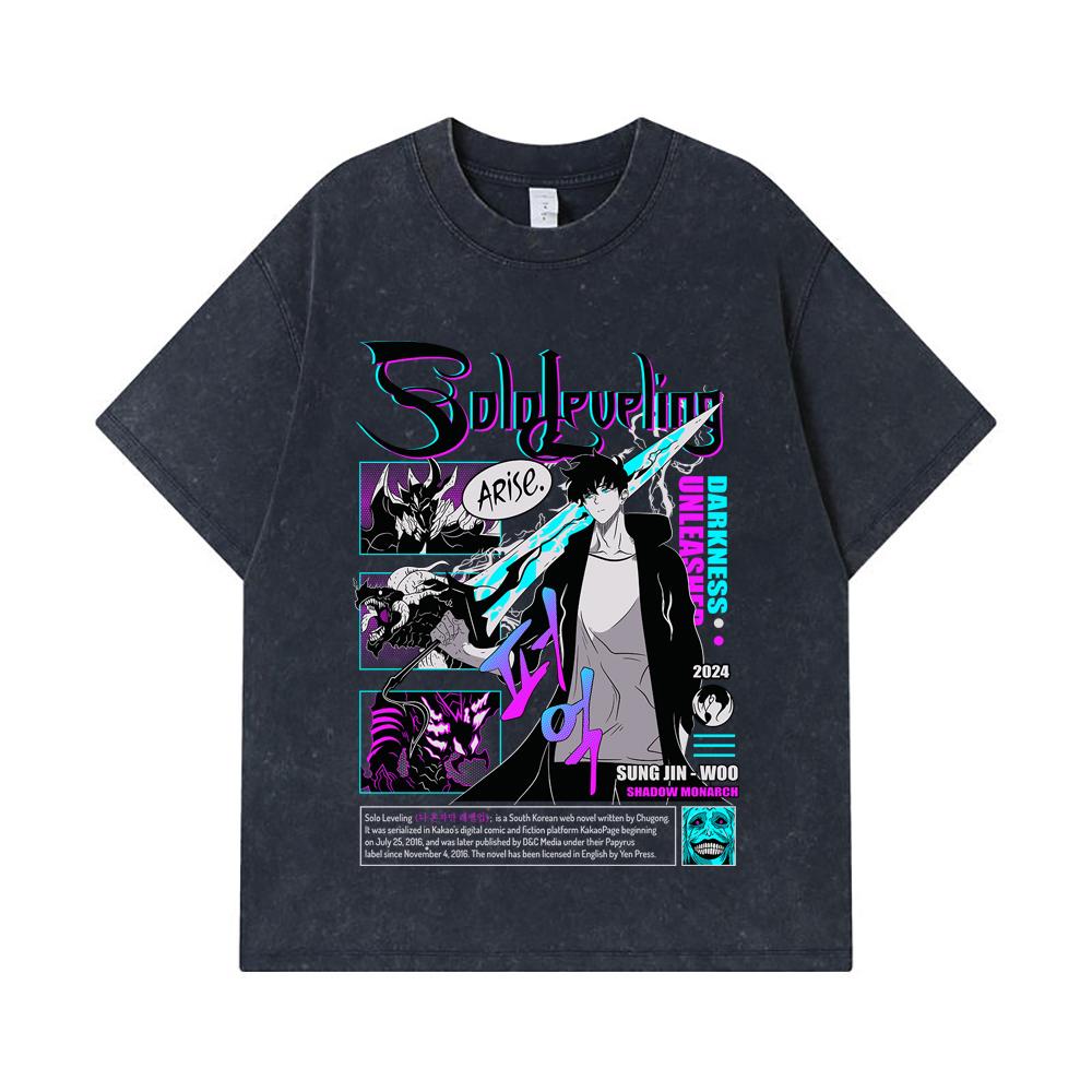 GSM Washed Tshirts Cotton Solo Leveling V Arise Print Unisex Heavy Cotton T Shirt