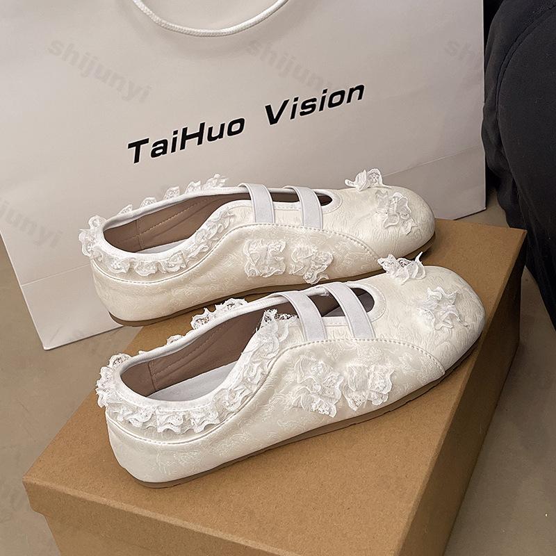 Damen Ballerinas Spitze Quadratische Spitze 2026 Sommer Herbst Kleid Weiches Leder Elegante Mary Jane Schuhe Outdoor Freizeitschuhe