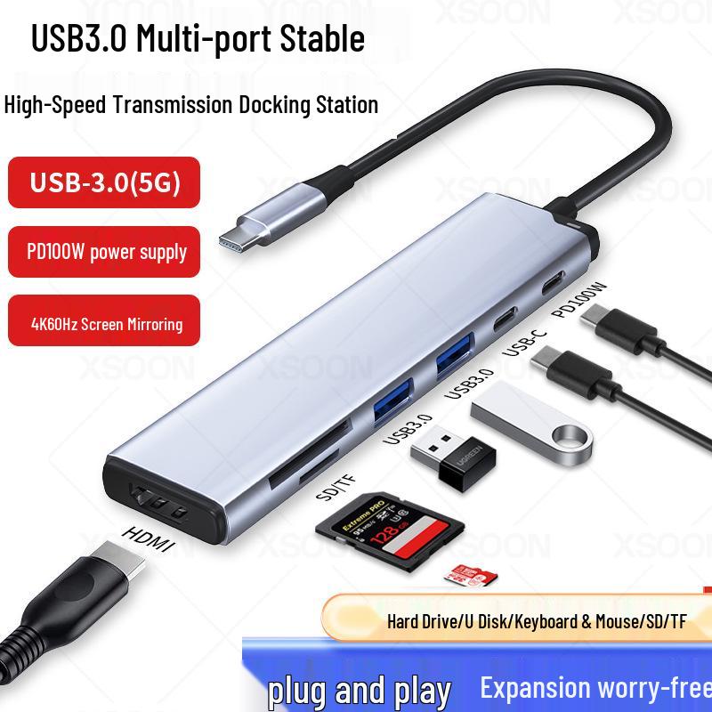 7-in-1 USB-C Docking Station: Includes HDMI, USB 3.0, PD Fast Charging, TF/SD Card Reader.